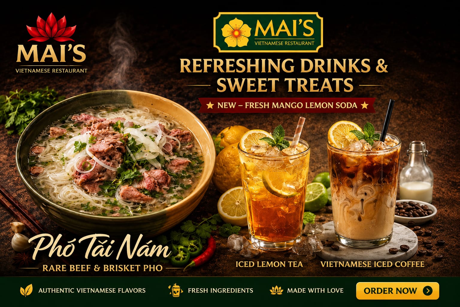 Mai’s rare beef and brisket phở, iced lemon tea, and Vietnamese iced coffee